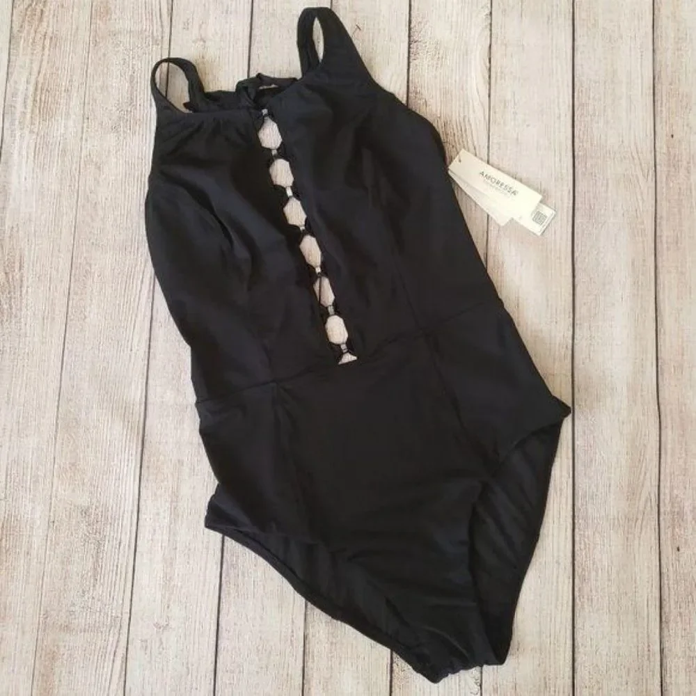 NWT Amoressa High Neck Key Hole Front Detail One-Piece Swimsuit